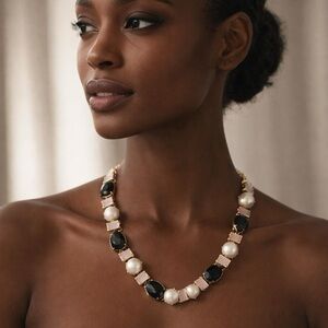 J Crew Chic Gold and Black Necklace with Pearl Accents